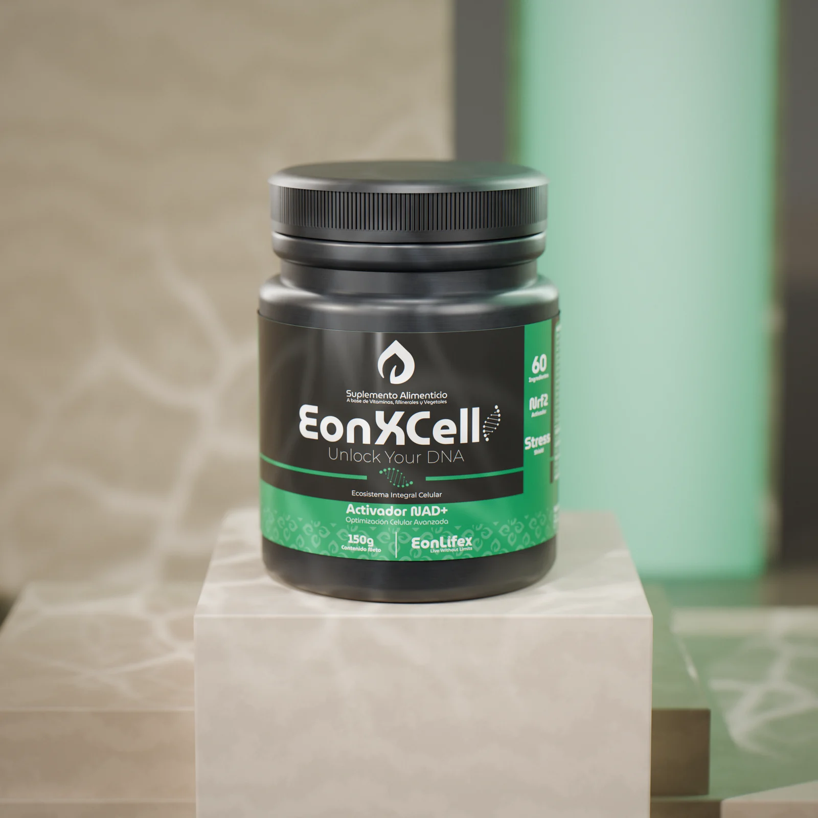 Frasco de EonXCell sobre travertino, con reflejos de agua