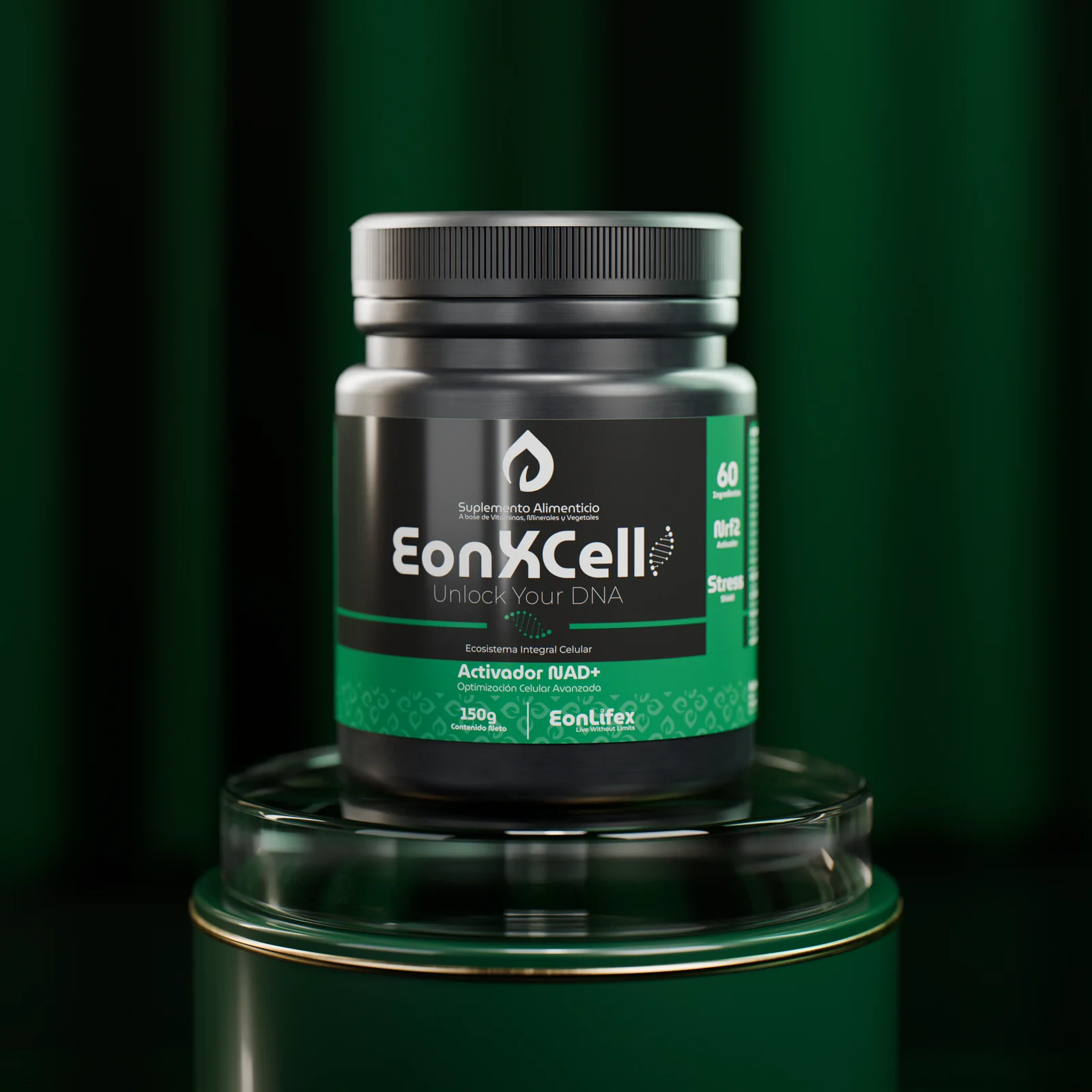 Frasco de EonXCell frente a un telón de terciopelo verde