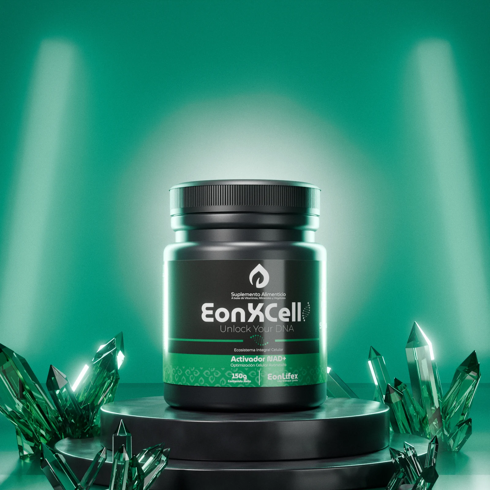 Frasco de EonXCell sobre un podio iluminado