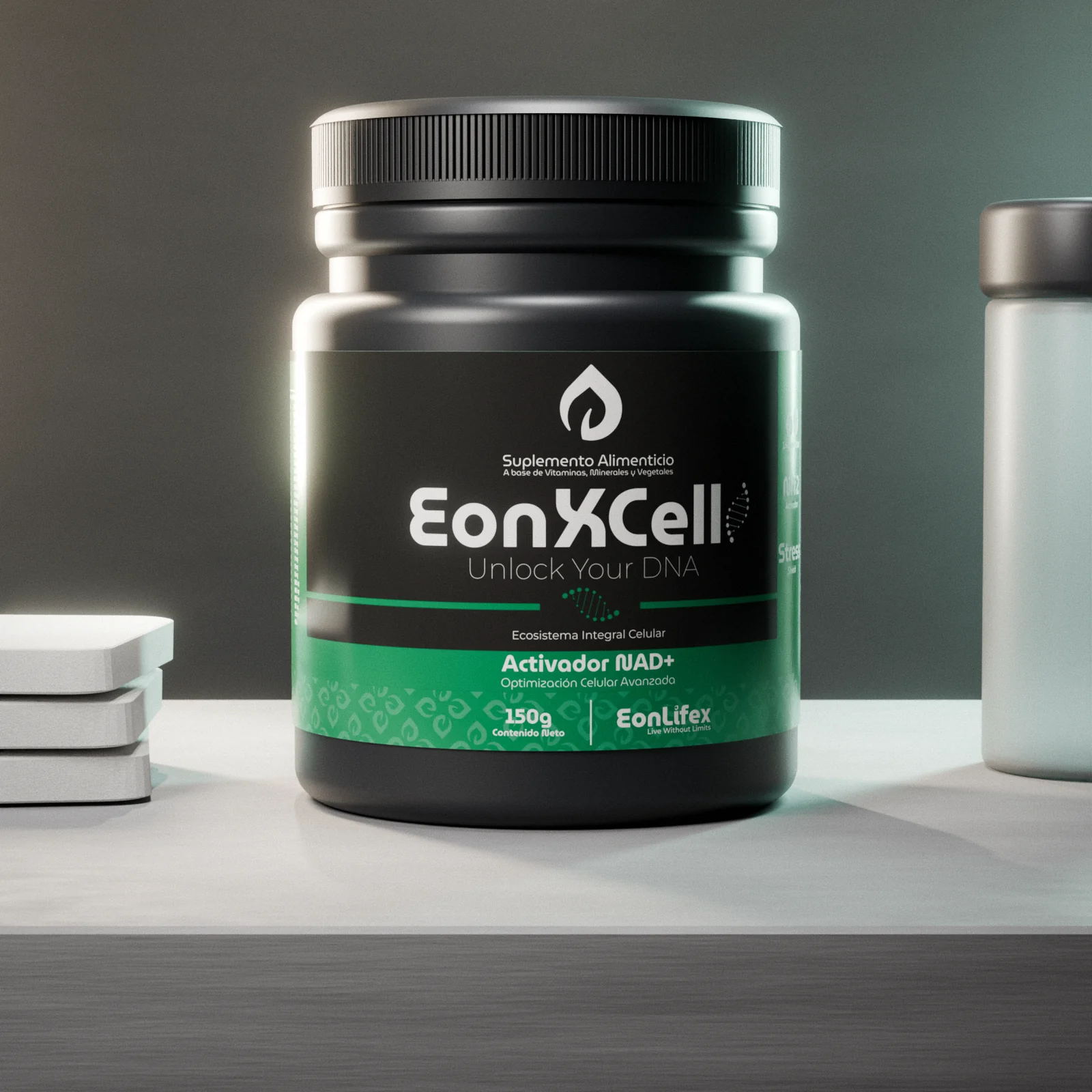 Frasco de EonXCell junto a un termo y bloques de ejercicio