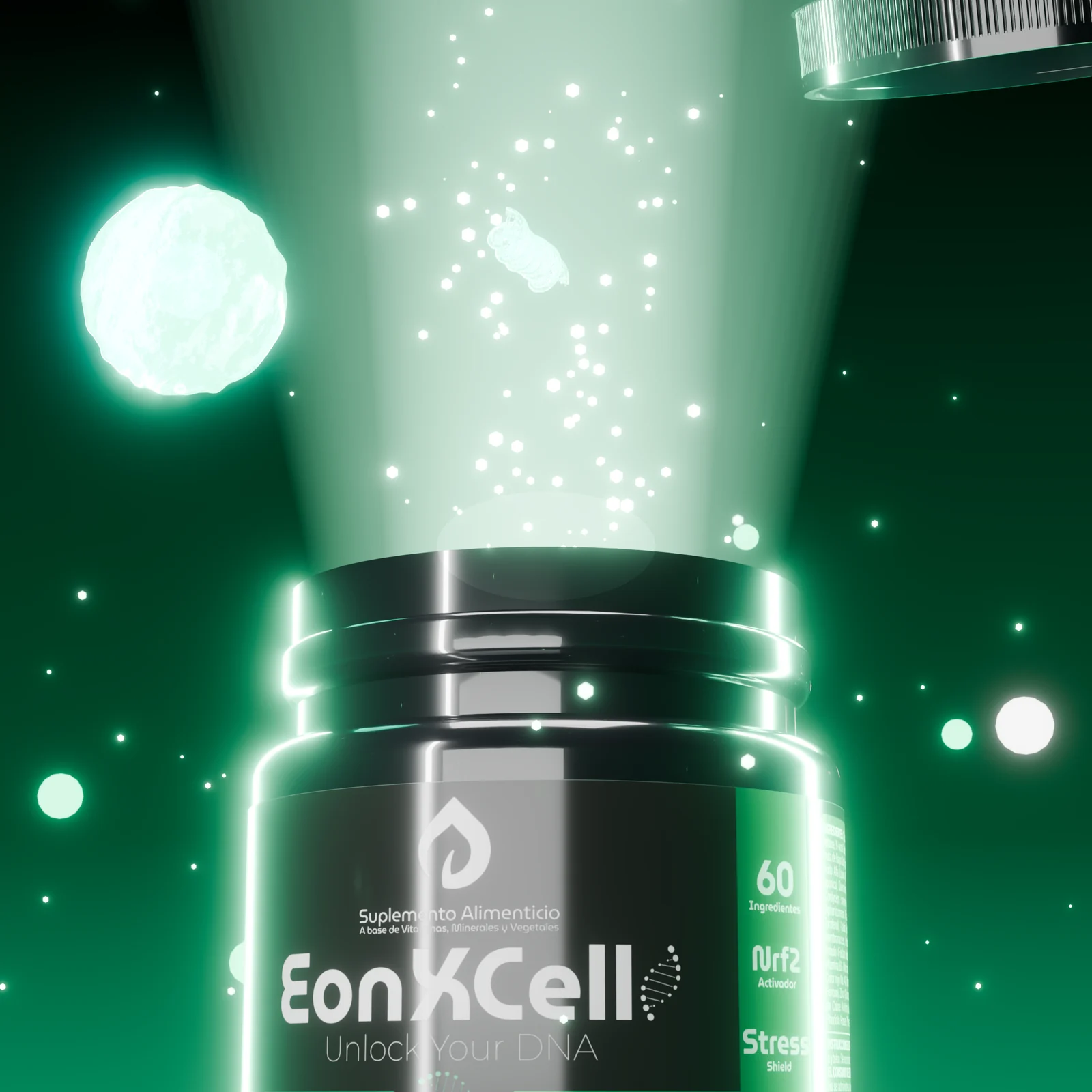 Frasco de EonXCell bajo un haz de luz verde