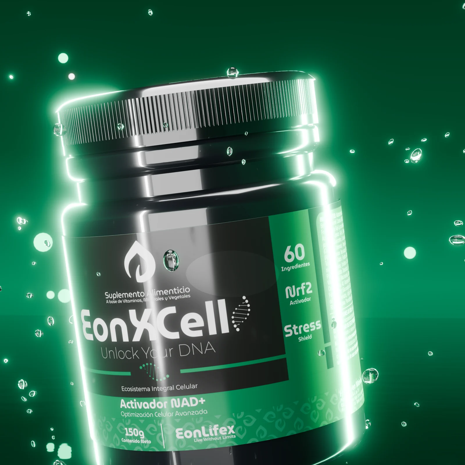 Frasco de EonXCell suspendido entre partículas de luz